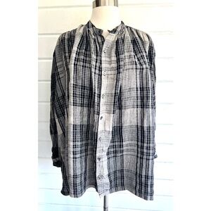 ICHI ANTIQUITES Voluminous Linen Button Up Shirt in Black/Beige Plaid - O/S